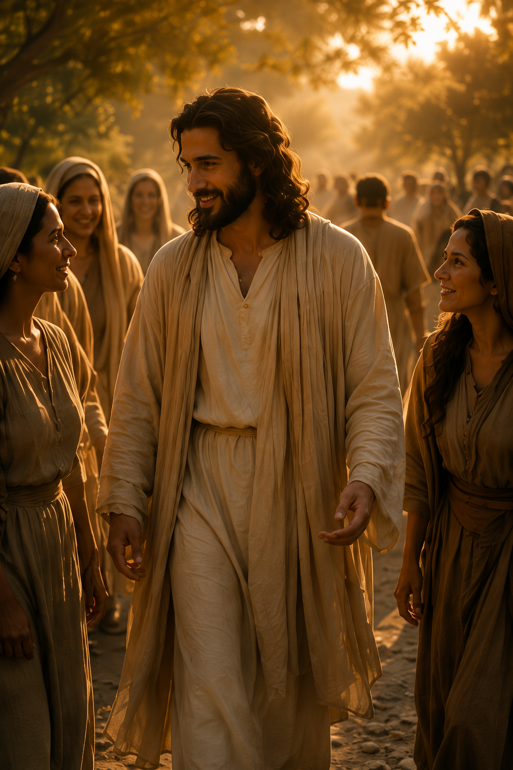 Jesus caminhando entre mulheres que o escutam, sob a luz dourada do entardecer