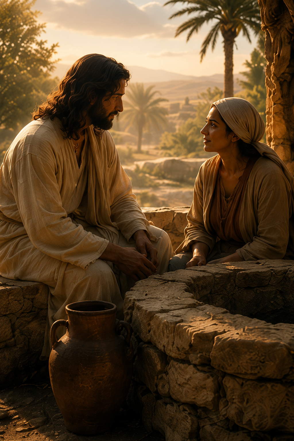 Jesus conversando com a mulher samaritana junto ao poço, sob palmeiras