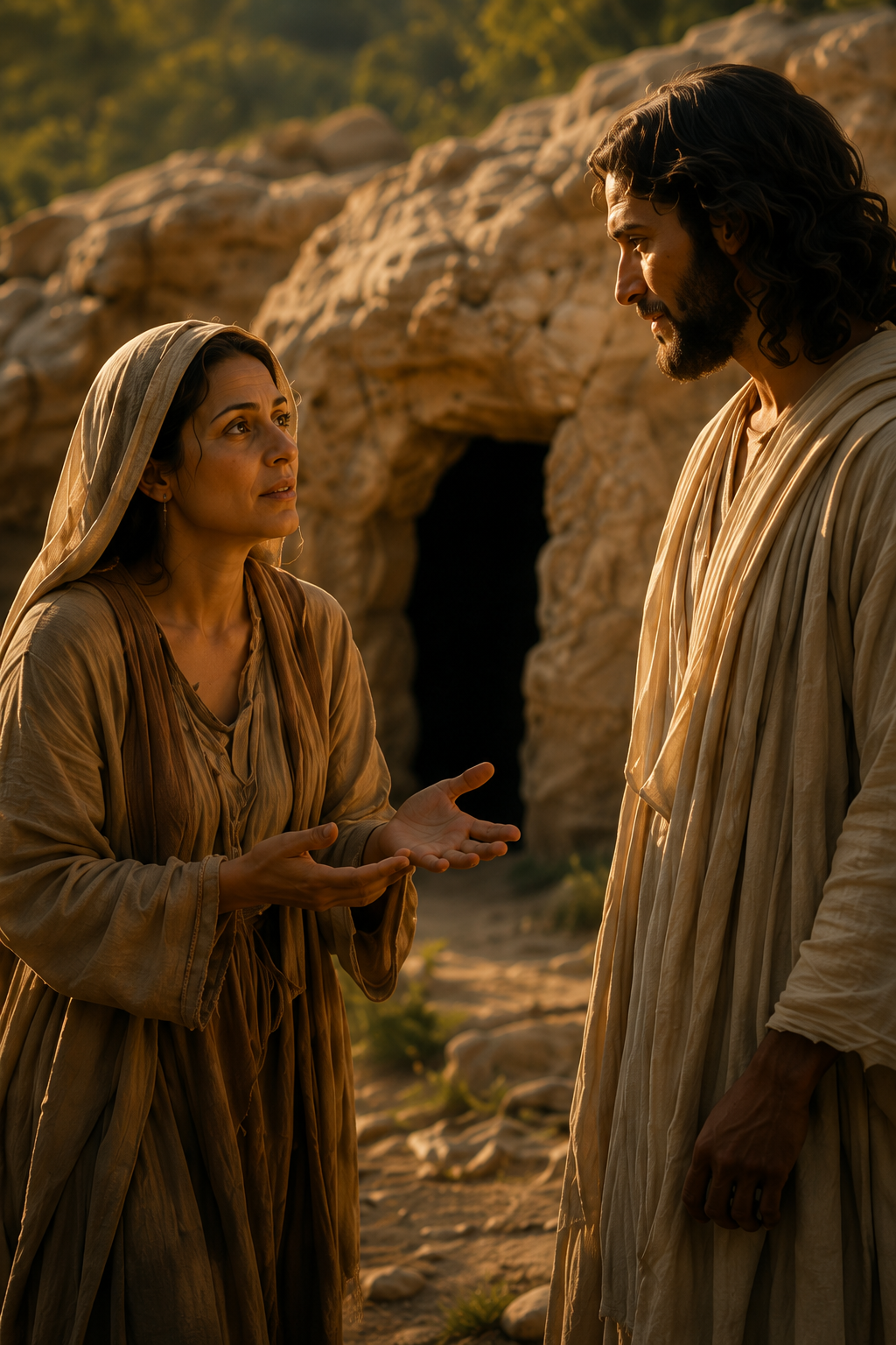 Marta em diálogo com Jesus diante do túmulo de Lázaro
