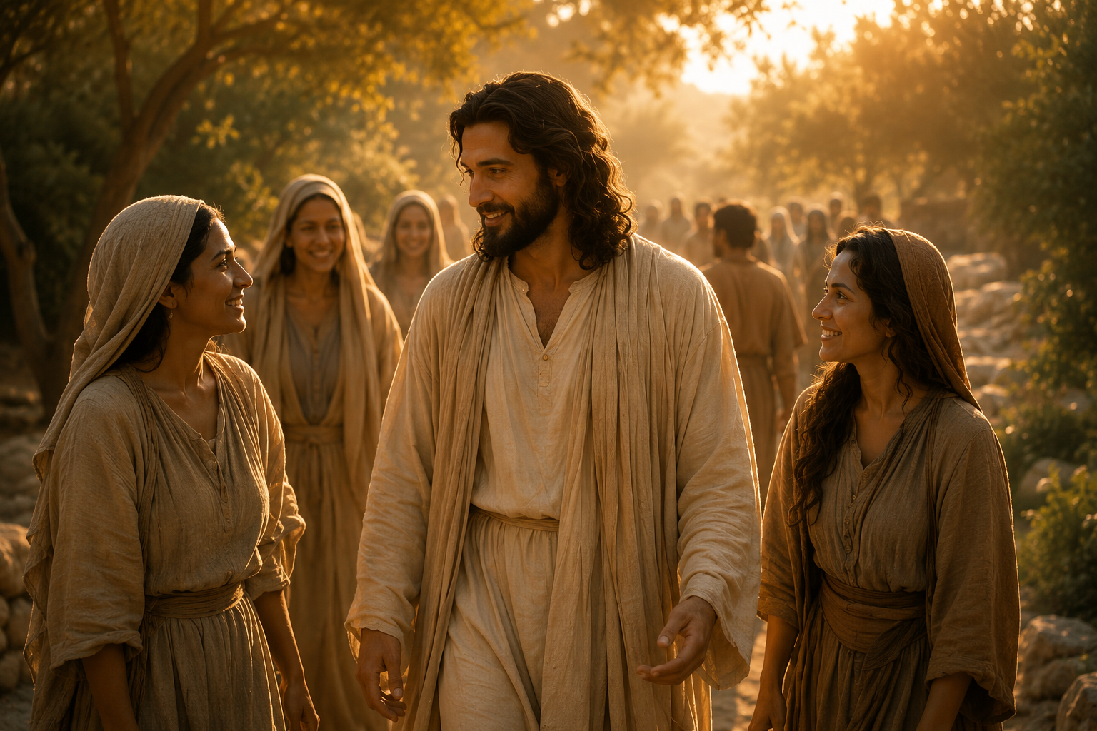 Jesus caminhando e conversando com mulheres, imagem de comunhão e discipulado