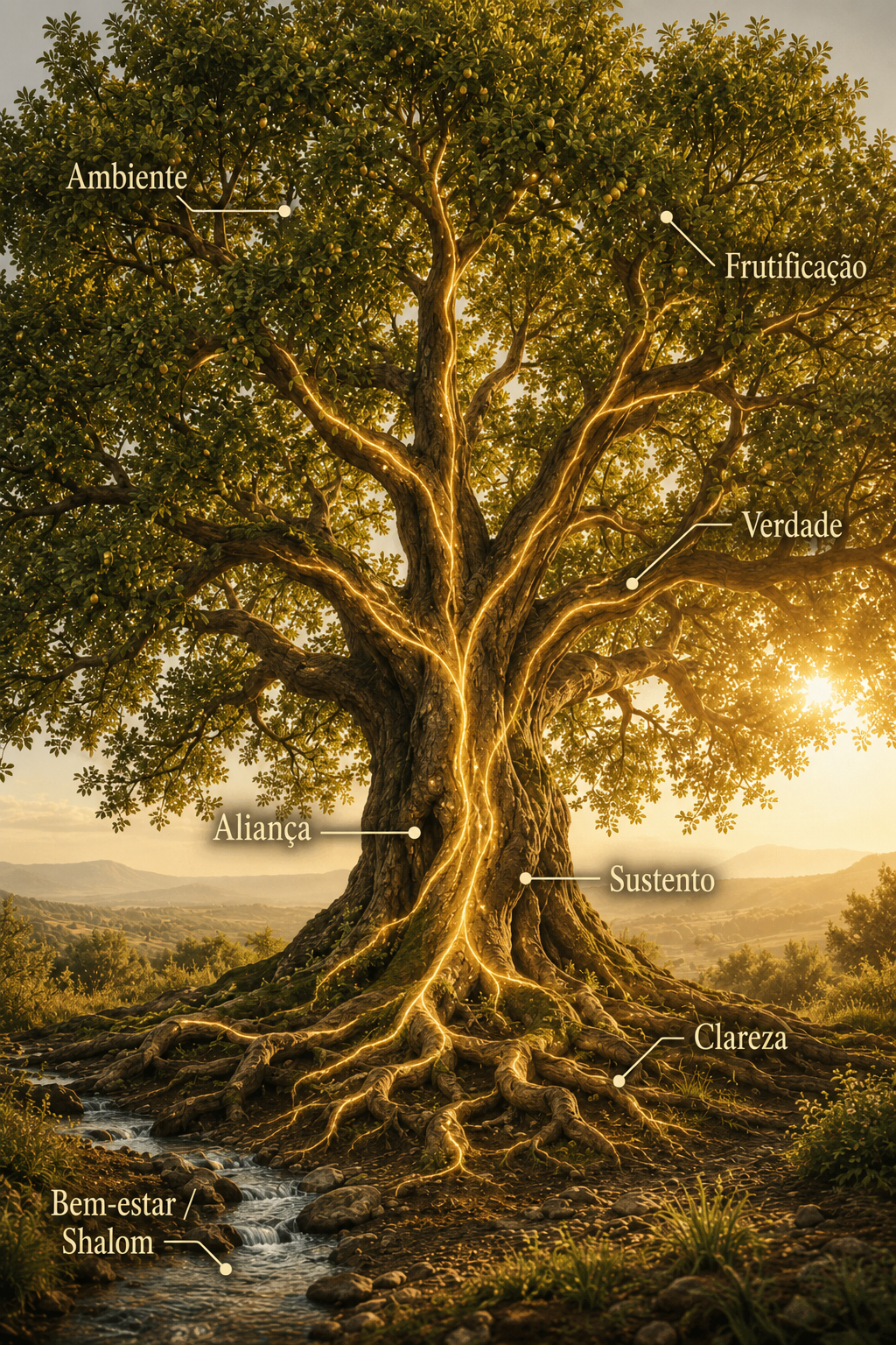 A árvore das sete forças, com Clareza na raiz, Aliança no tronco, Verdade nos galhos, Ambiente na copa, Sustento na casca, Frutificação nos frutos e Bem-estar como a água que vira seiva