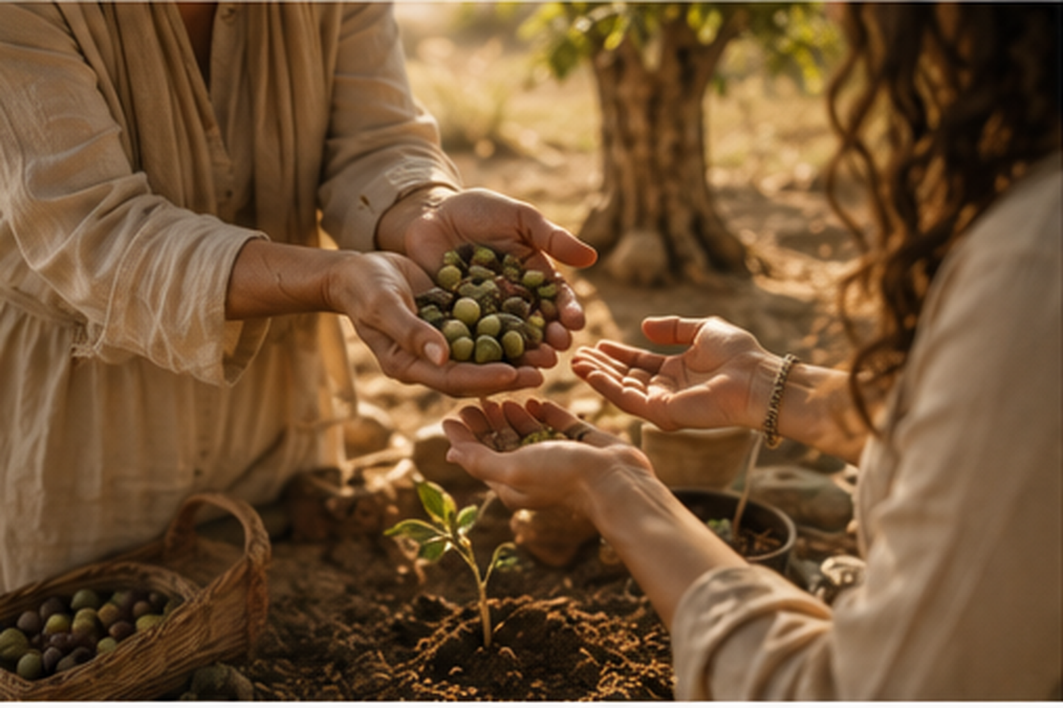 Sementes e frutos sendo passados de mãos para mãos, representando a frutificação e a transmissão de vida