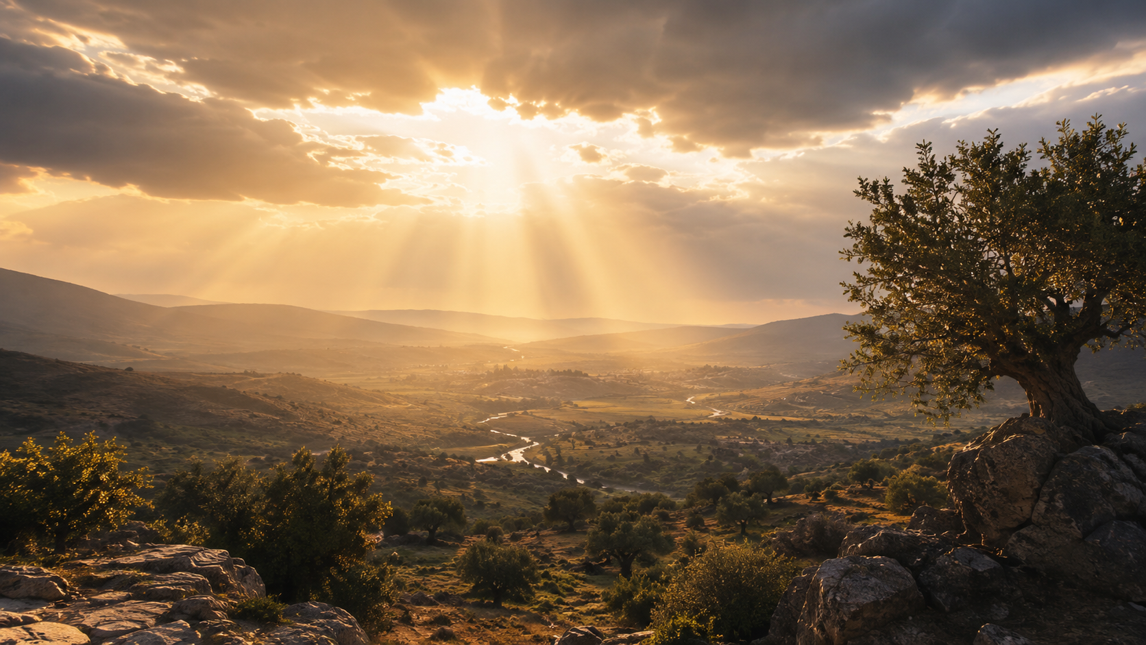 Vale iluminado pelo sol entre oliveiras, cenário do estudo Ezer Kenegdo
