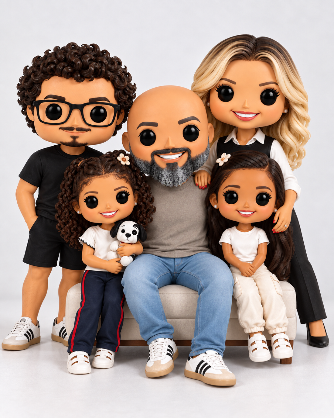 Ilustração em estilo de bonecos colecionáveis da família Abondanza: Priscila, Caio, Filipe, Monica e Ana Beatriz