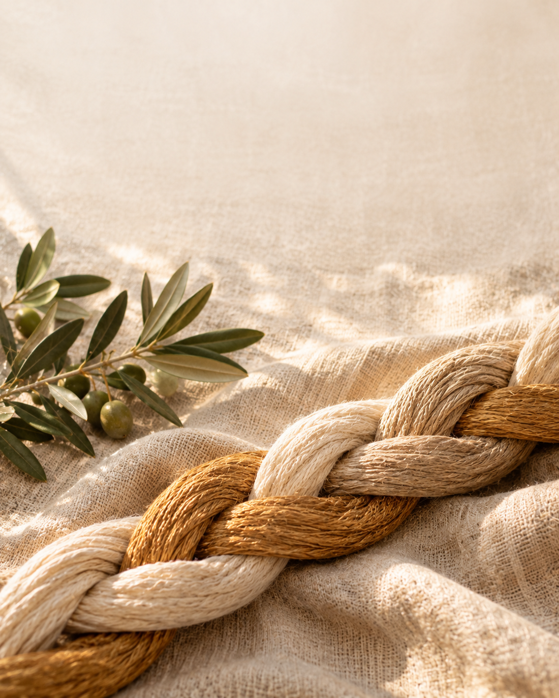 Cordão de três fios em tons creme e dourado entrelaçados sobre linho, ao lado de um ramo de oliveira