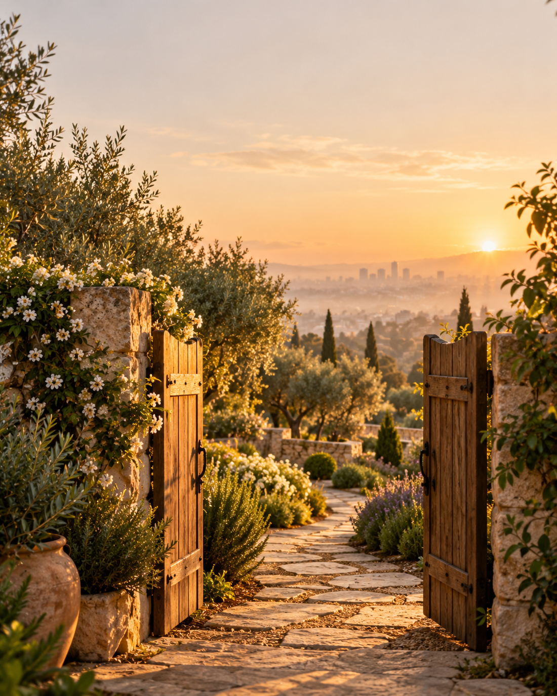 Portão de jardim aberto ao amanhecer, com um caminho que segue adiante