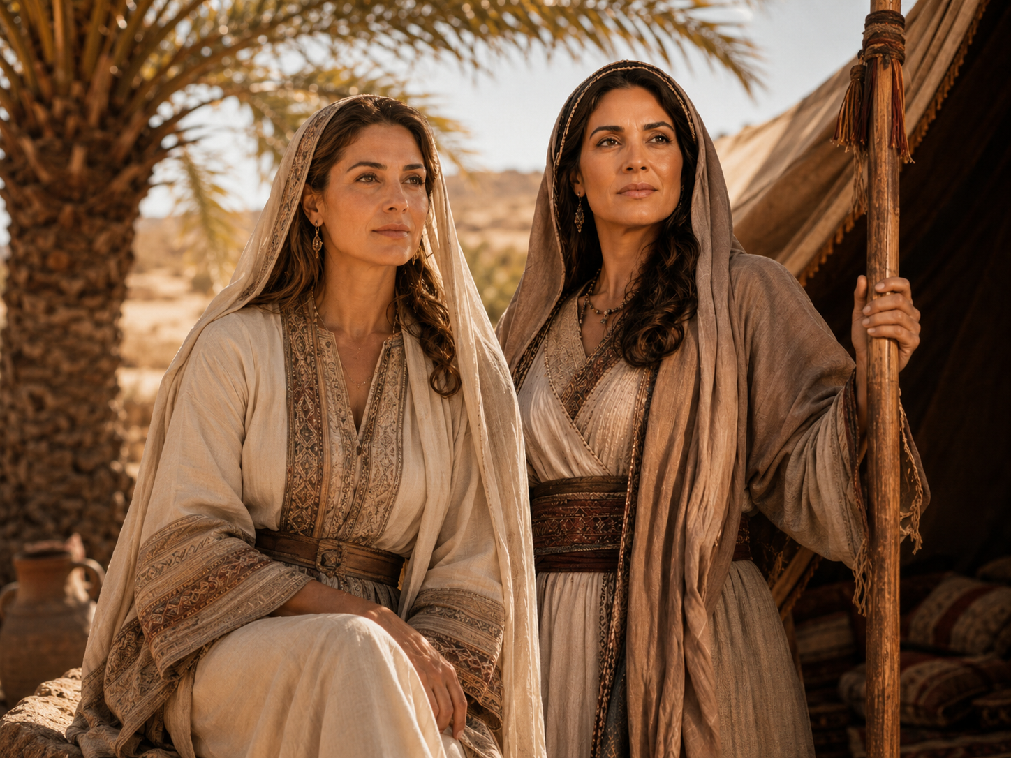 Débora e Jael lado a lado: uma diante da palmeira, outra diante da tenda, segurando a estaca